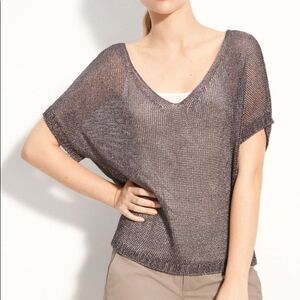 Vince Sheer Mesh Chain Silver Metallic Top Short Sleeve V-neck Size XS